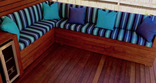 Custom Outdoor Bench seating with backs in Sunbrella Saxon cascade