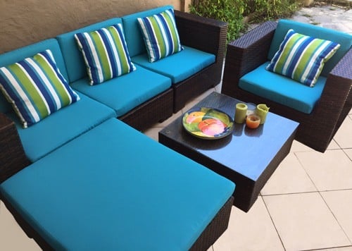 New Cushions for outdoor setting in Warwick outdoor fabrics.